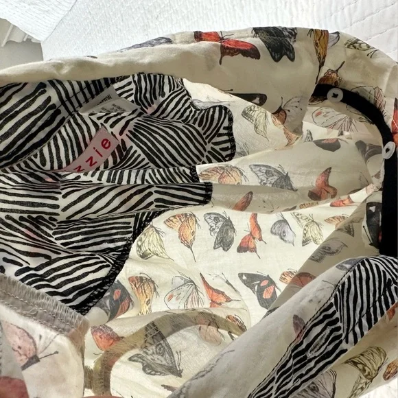 TIZZIE 100% COTTON 3/4 SLEEVE ROME SHIRT NEUTRAL BUTTERFLIES VOILE - Picture 11 of 14